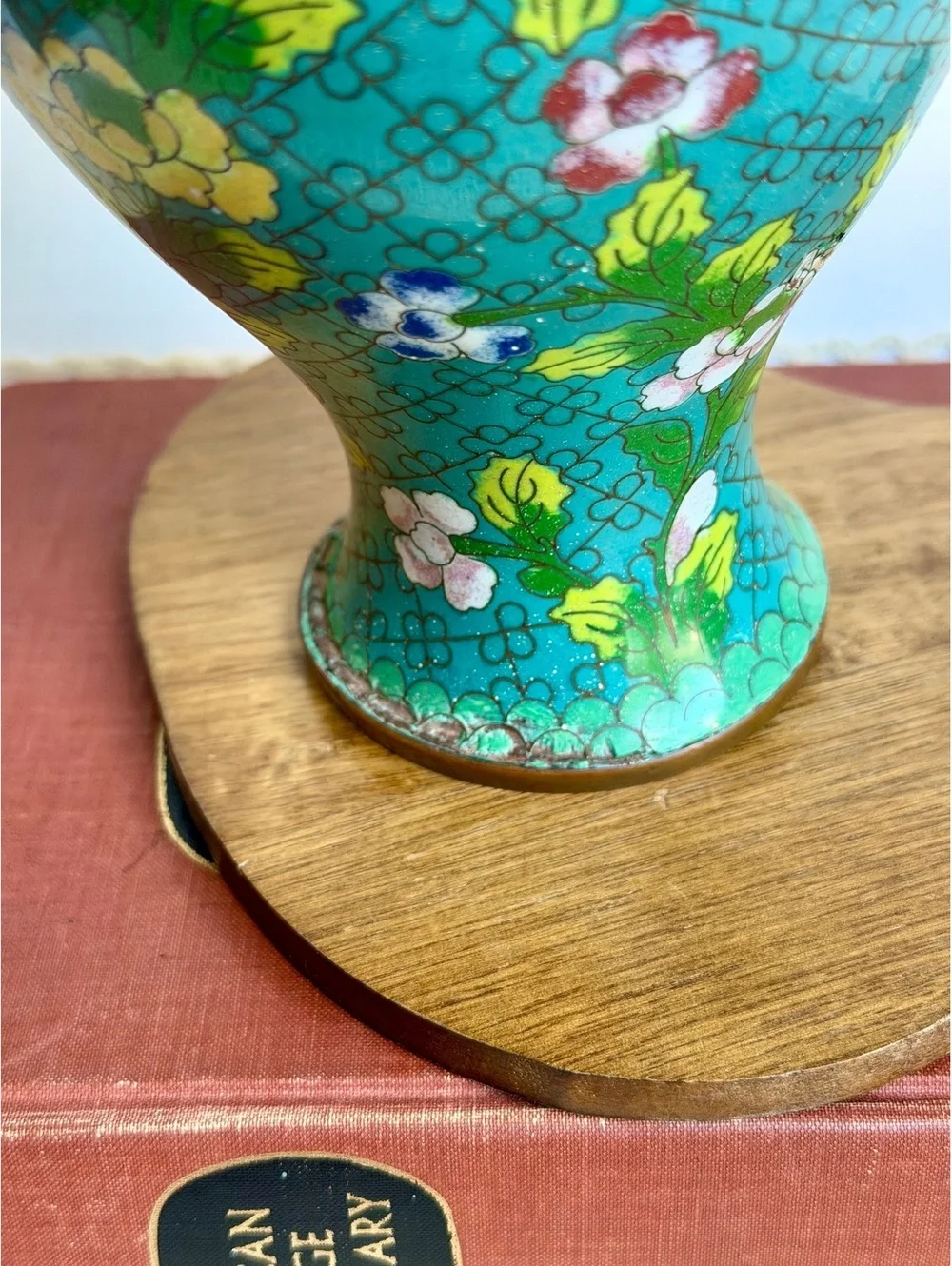 Vintage Chinese Cloisonne Enamel Vase Turquoise Floral Brass 10
